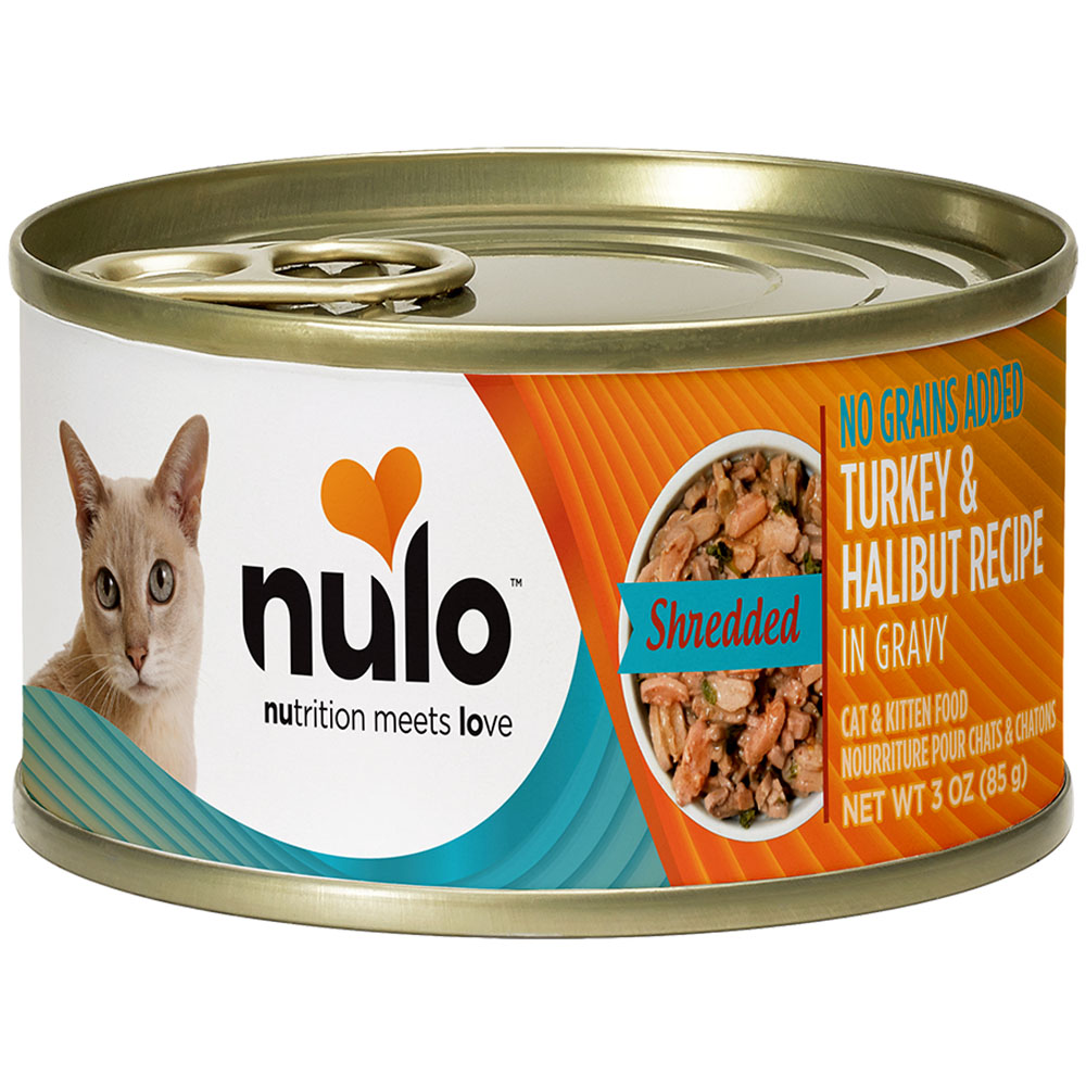 Nulo Shredded Turkey & Halibut Recipe In Gravy Kitten & Adult Canned Cat Food - Front
