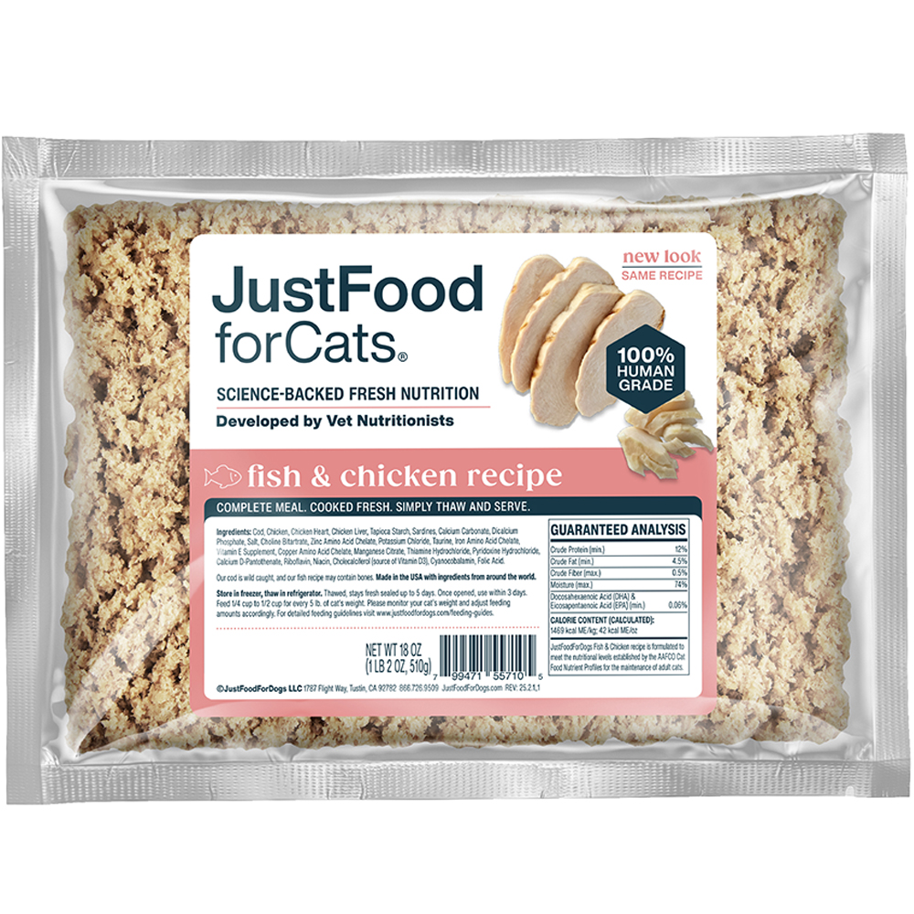 JustFoodForCats Fish & Chicken Recipe Frozen Cooked Cat Food - Front