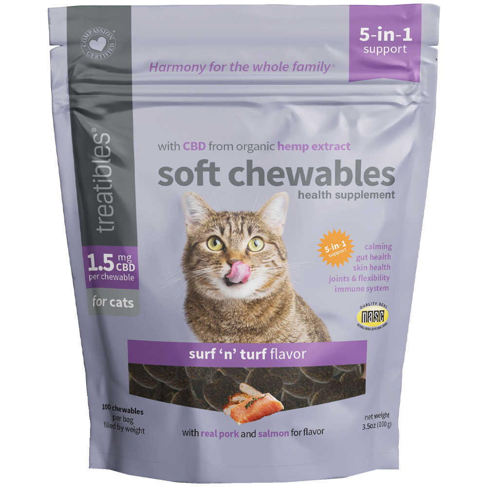 Treatibles 1.5mg CBD Hemp Extract Surf 'n' Turf Flavor Soft Chews for Cats - Front