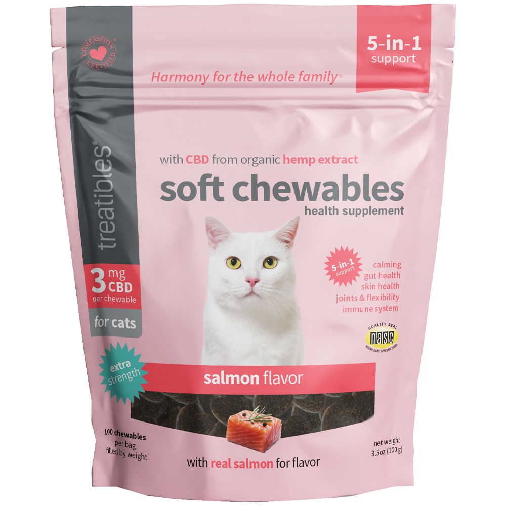 Treatibles 3mg CBD Hemp Extract Extra Strength Salmon Flavor Soft Chews for Cats - Front
