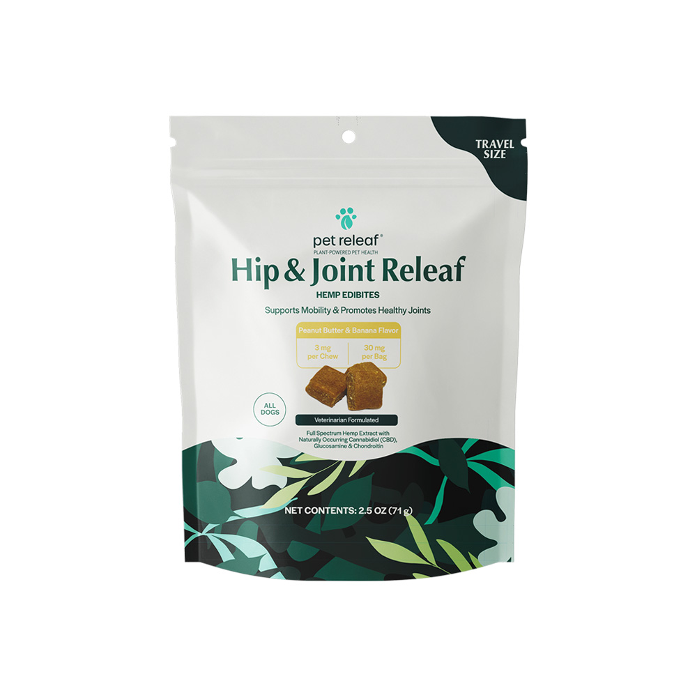 Pet Releaf Travel Size Hip & Joint Releaf Organic Hemp Edibites Peanut Butter & Banana Flavor for All Dogs - Front