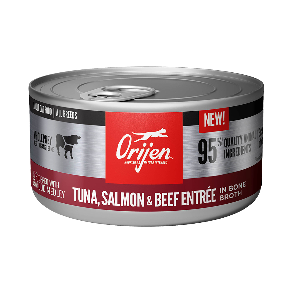 Orijen Tuna, Salmon & Beef Entrée In Bone Broth Canned Cat Food - Front 3 oz