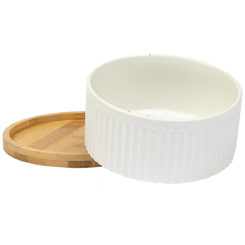 Silver Paw White Ribbed Ceramic Dog Bowl w/ Bamboo Base - Front