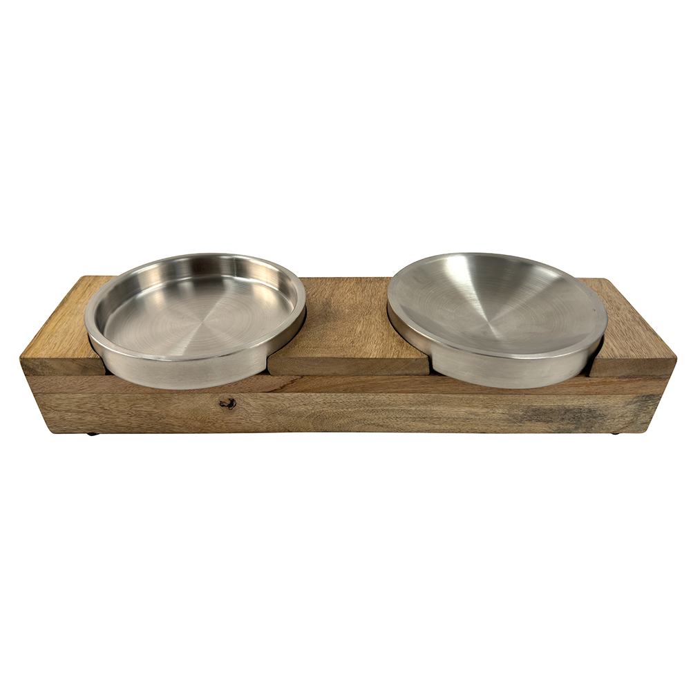 Fog City Pet Whisker Relief Double Wall Stainless Steel Cat Bowl Set w/ Wood Stand - Front