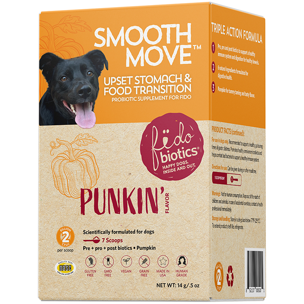 Fidobiotics Smooth Move Upset Stomach & Food Transition Probiotic Supplement for Dogs - Front, Packaging