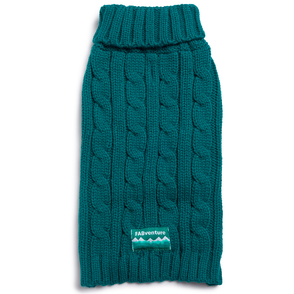 FABventure Teal Cable Knit Turtleneck Dog Sweater - Front