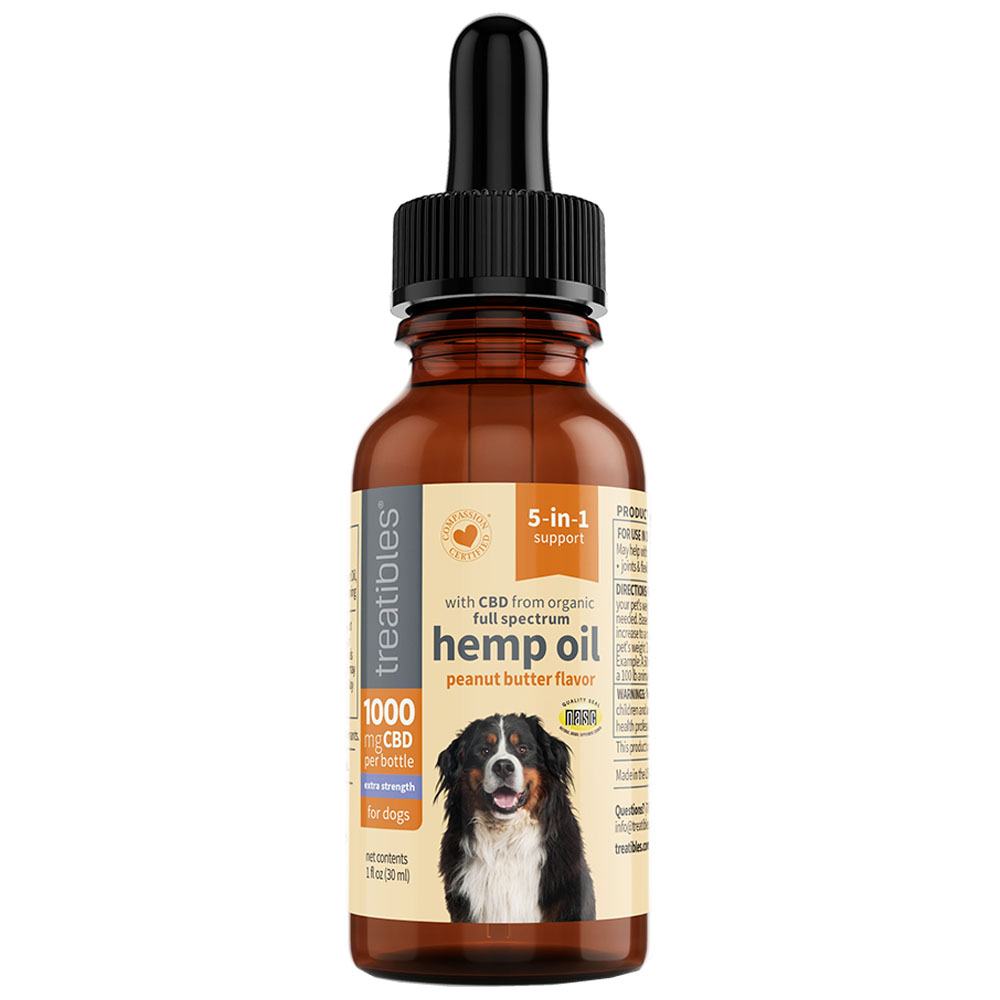 Treatibles 5-in-1 Support Full Spectrum Extra Strength 1000 mg Peanut Butter Flavor Hemp Oil for Dogs