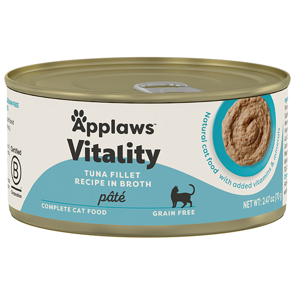 Applaws Vitality Tuna Fillet Recipe in Broth Pâté Canned Cat Food - Front, 2.47 oz can
