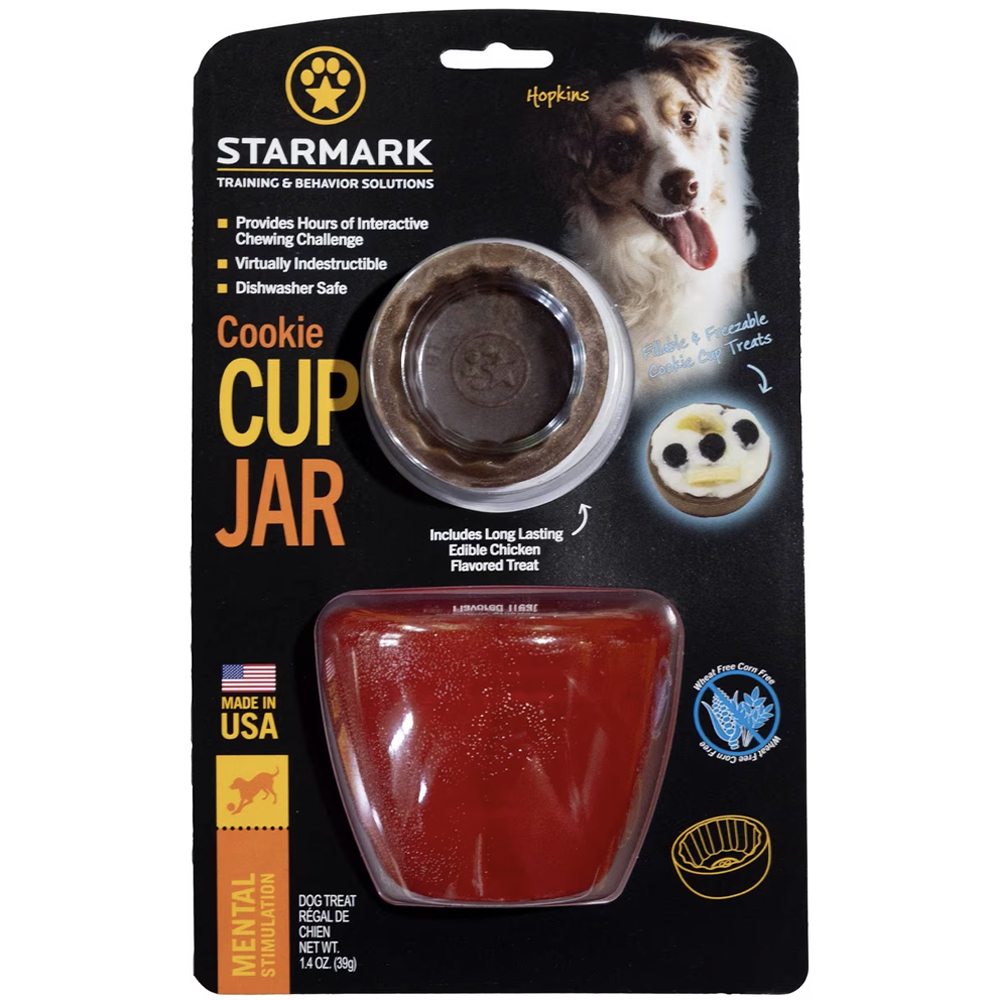 Starmark Cookie Cup Jar Tough Fillable Treat Dispenser Dog Toy - Front