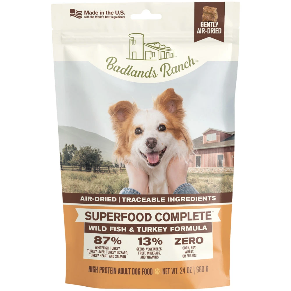Badlands Ranch Superfood Complete Wild Fish & Turkey Formula Gently Air-Dried Adult Dog Food - Front, 24 oz