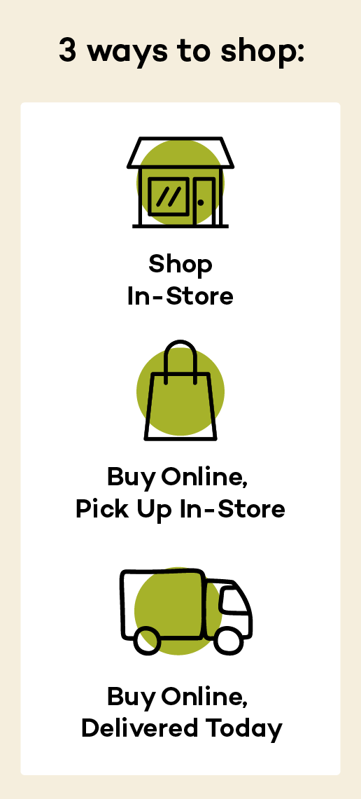 3 ways to shop: In-store; Buy Online, Pick Up In-store; Buy Online, Get It Delivered