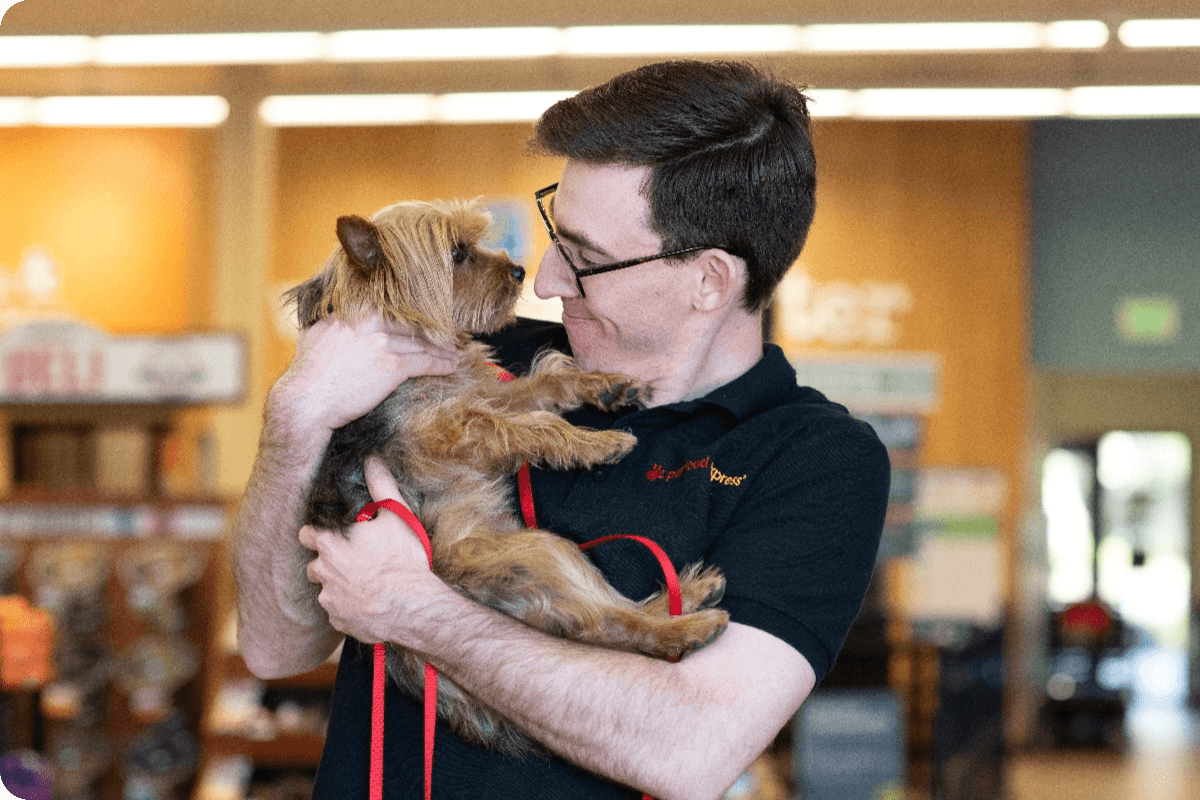 Pet Food Express employee holding a small dog