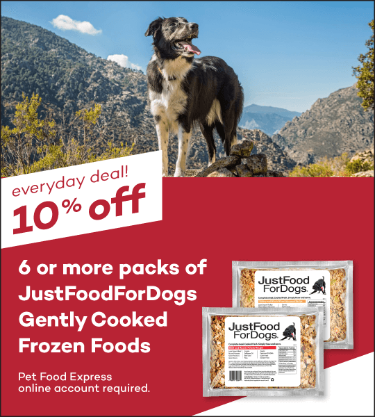 everyday deal! 10% off 6 or more packs of JustFoodForDogs Gently Cooked Frozen Foods. Pet Food Express online account required