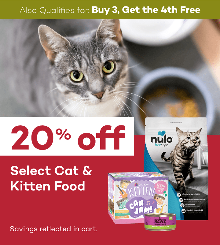 Also qualifies for Buy 3, Get the 4th Free. 20% off select cat & kitten food. Savings reflected in cart.