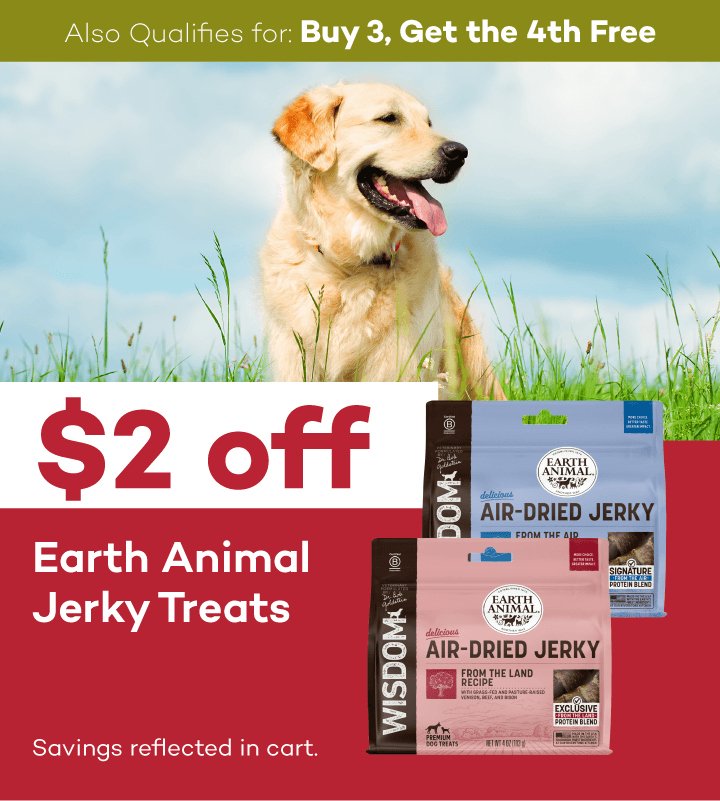 Also qualifies for Buy 3, Get the 4th Free. $2 off Earth Animal jerky treats. Savings reflected in cart.