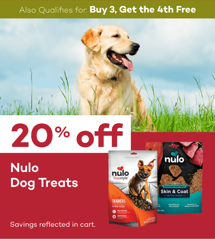 Also qualifies for Buy 3, Get the 4th Free. 20% off Nulo dog treats. Savings reflected in cart.