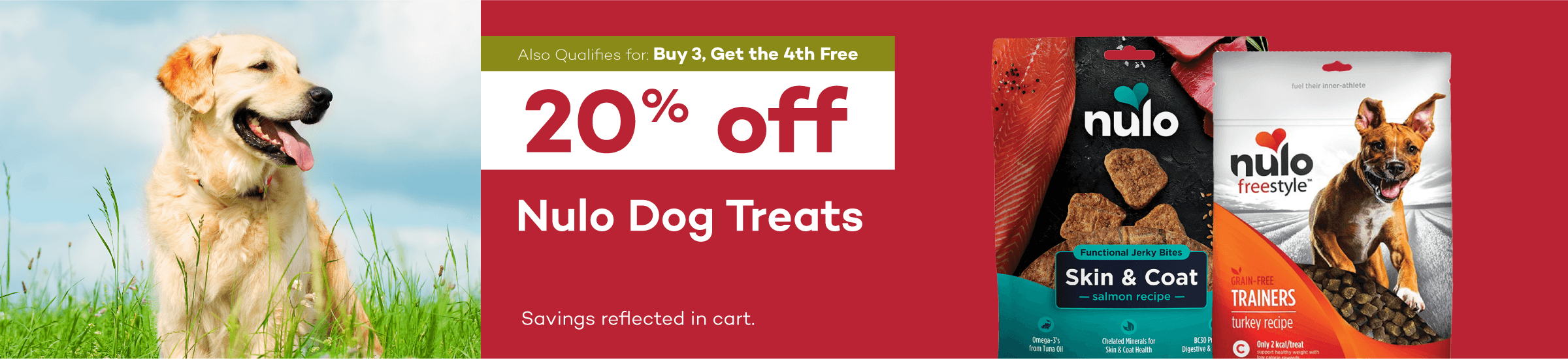 Also qualifies for Buy 3, Get the 4th Free. 20% off Nulo dog treats. Savings reflected in cart.