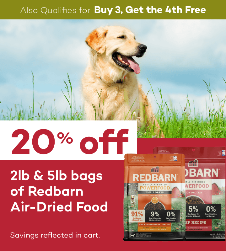 Also qualifies for Buy 3, Get the 4th Free. 20% off 2lb & 5lb bags of Redbarn air-dried food. Savings reflected in cart.