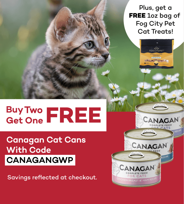 Buy Two Get One FREE Canagan Cat Cans With Code CANAGANGWP Savings reflected at checkout. Plus, get a FREE 1oz bag of Fog City Pet Cat Treats!