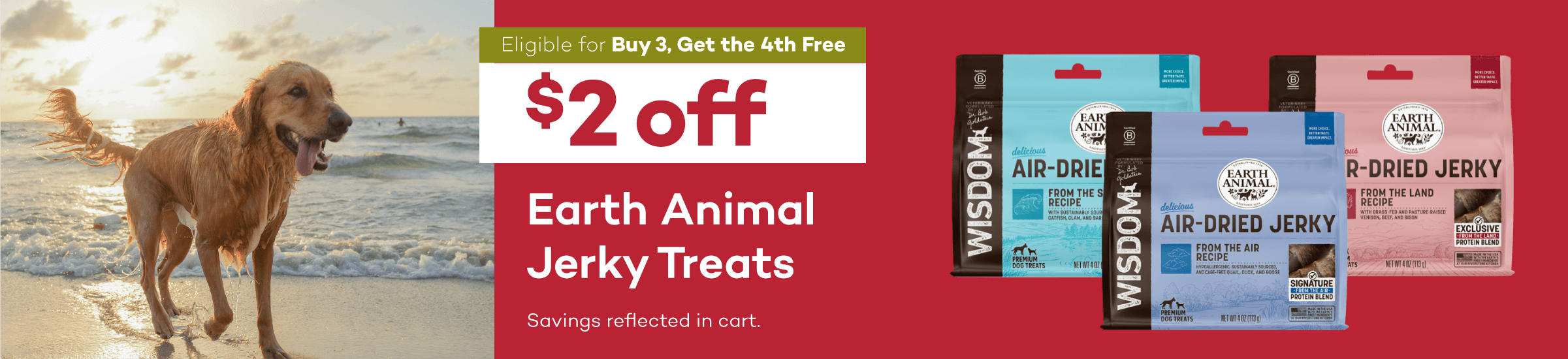 Eligible for Buy 3, Get the 4th Free $2 off Earth Animal Jerky Treats Savings reflected in cart.