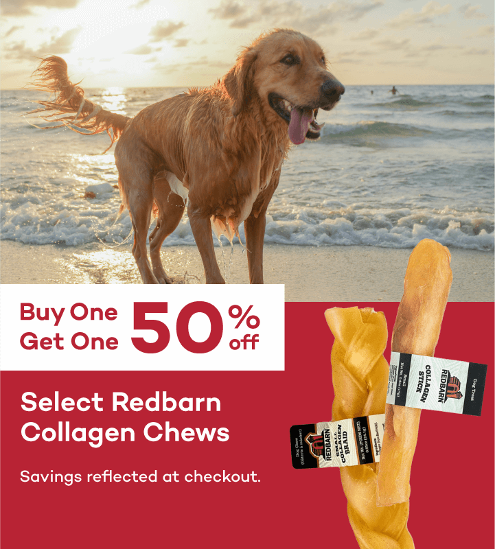 Buy One Get One 50% off Select Redbarn Collagen Chews Savings reflected at checkout.