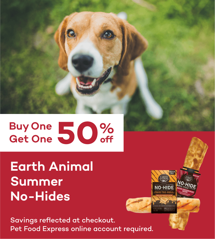 Buy One Get One 50% off Earth Animal Summer No-Hides. Savings reflected at checkout. Pet Food Express online account required.