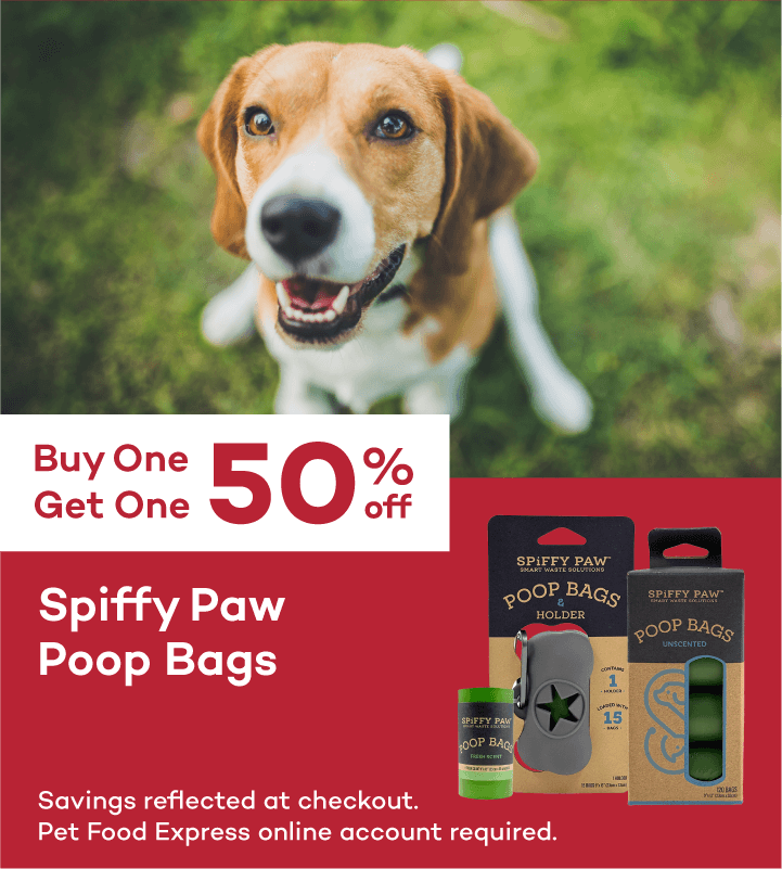 Buy One Get One 50% off Spiffy Paw Poop Bags. Savings reflected at checkout. Pet Food Express online account required.