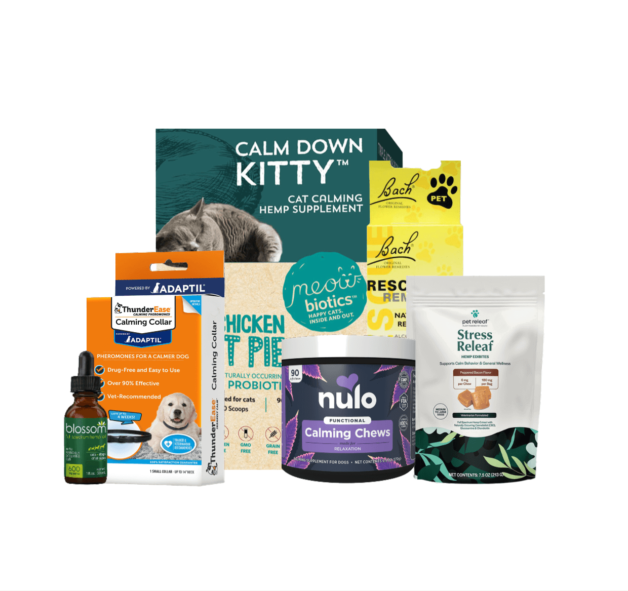 A variety of calming pet products