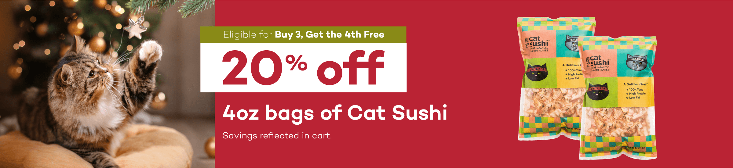 Eligible for Buy 3, Get the 4th Free 20% off 4oz bags of Cat Sushi Savings reflected in cart.