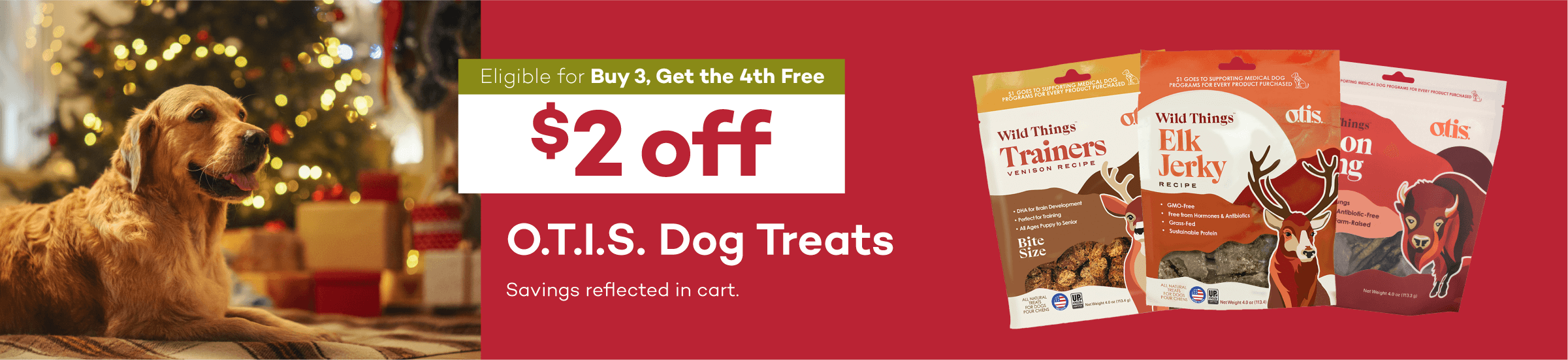 Eligible for Buy 3, Get the 4th Free $2 off O.T.I.S. Dog Treats Savings reflected in cart.