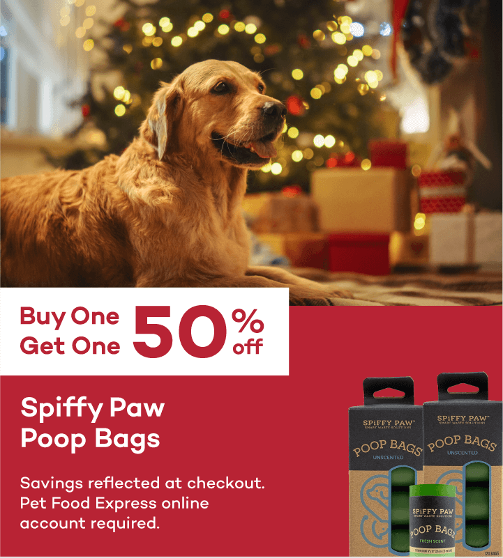 Buy One Get One 50% off Spiffy Paw Poop Bags Savings reflected at checkout. Pet Food Express online account required.