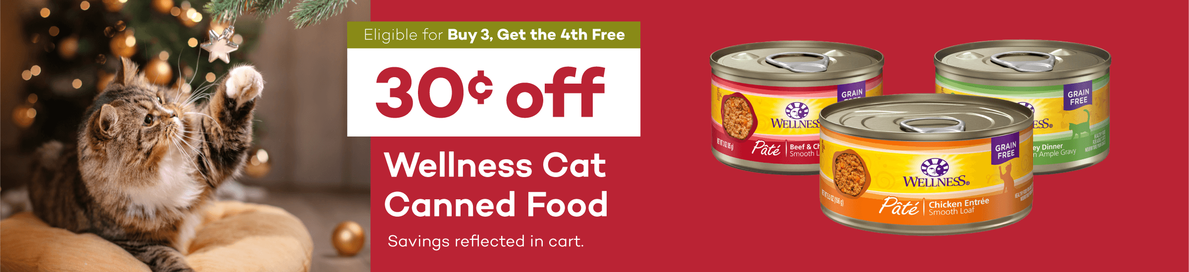 Eligible for Buy 3, Get the 4th Free 30¢ off Wellness Cat Canned Food Savings reflected in cart.