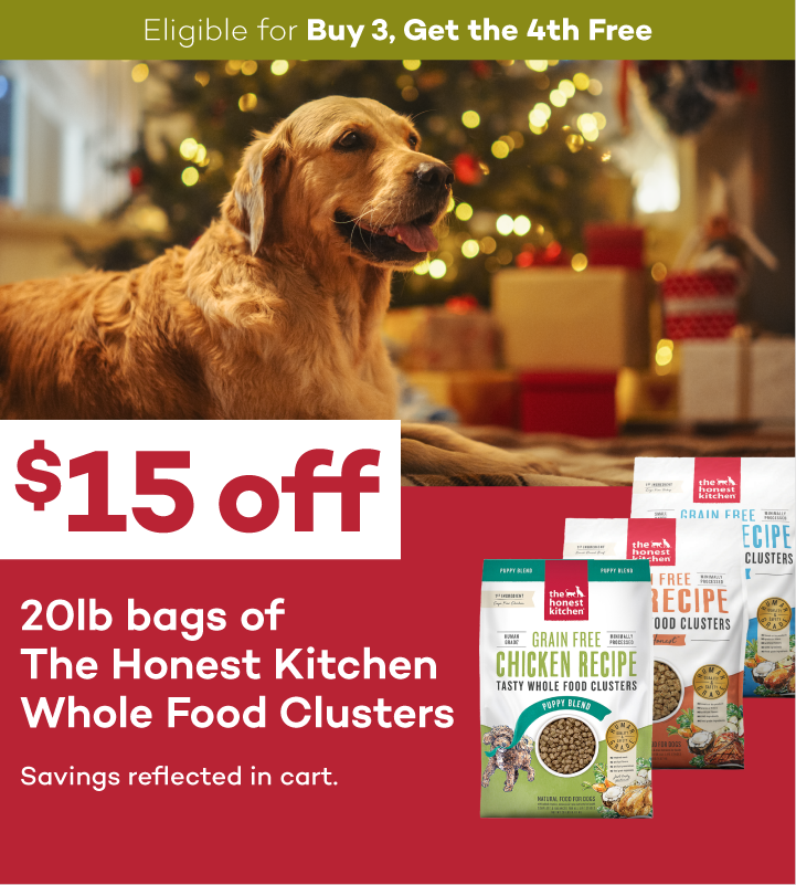 Eligible for Buy 3, Get the 4th Free $15 off 20lb bags of The Honest Kitchen Whole Food Clusters Savings reflected in cart.