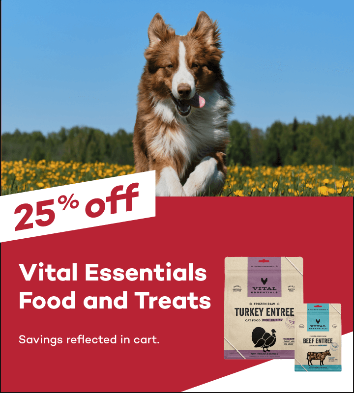25% off Vital Essentials Food and Treats. Savings reflected in cart.