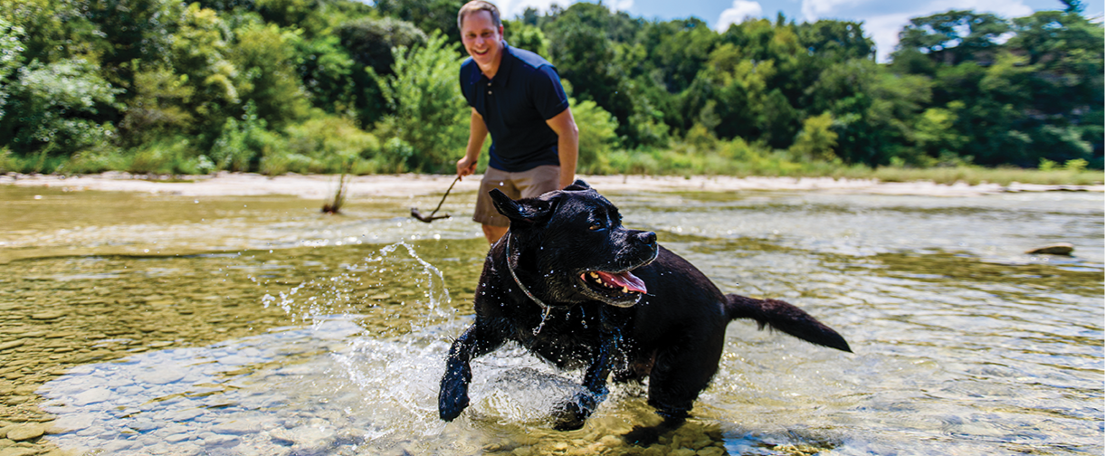 Dog and owner play in river