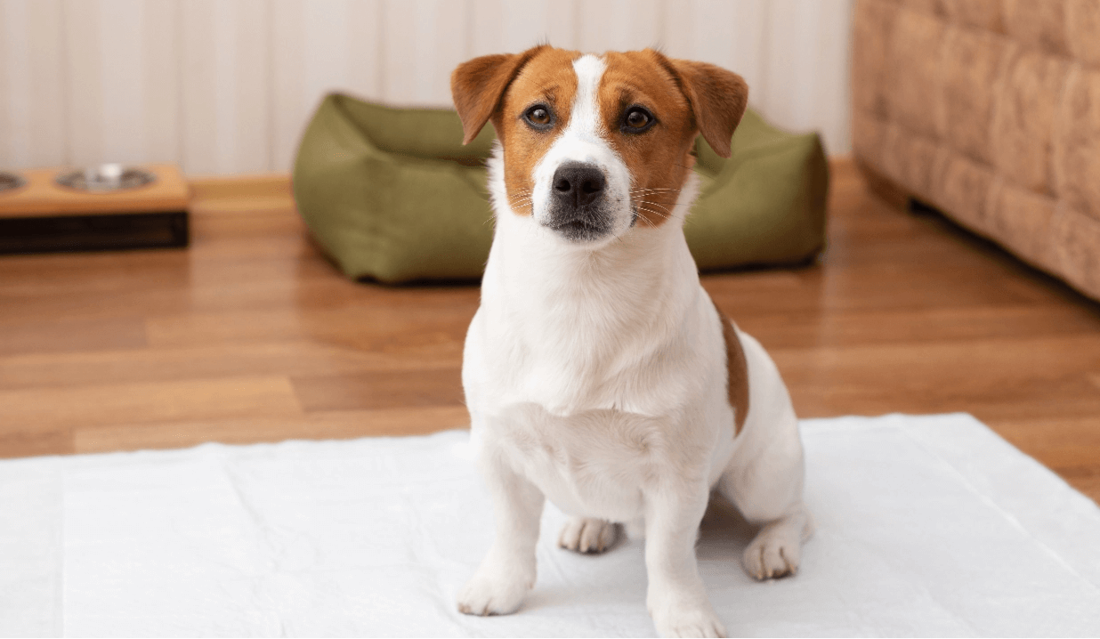 Jack Russel sitting on pee pad