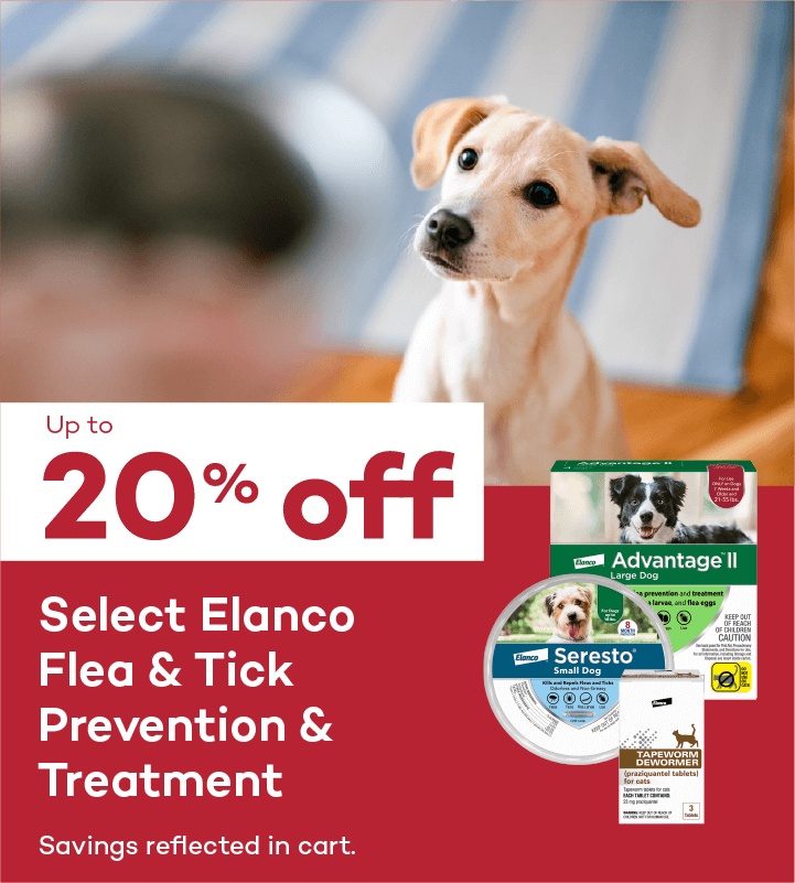 Up to 20% off. Select Elanco Flea & Tick Prevention & Treatment. Savings reflected in cart.