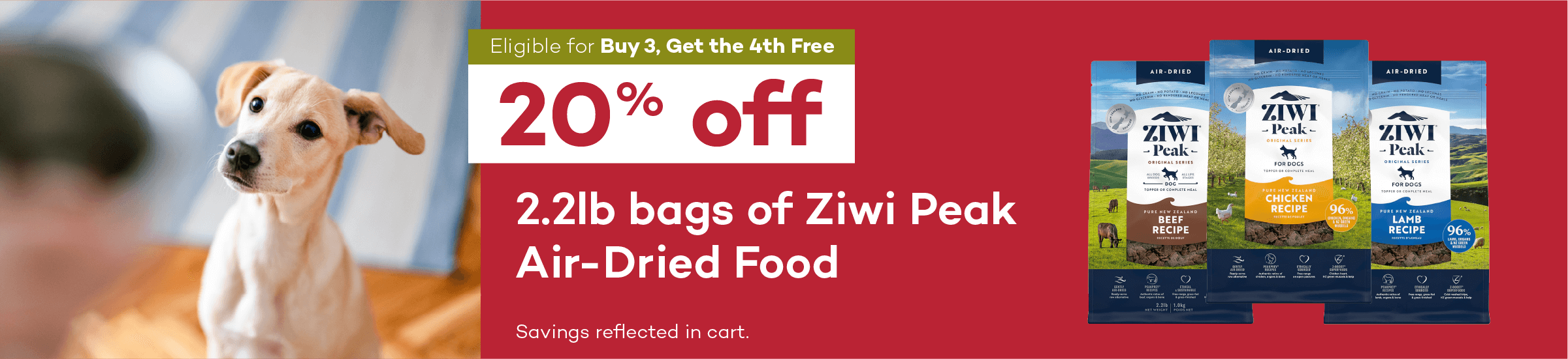 Eligible for Buy 3, Get the 4th Free. 20% off. 2.2lb bags of Ziwi Peak Air-Dried Food. Savings reflected in cart.