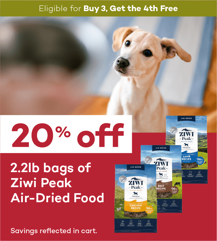 Eligible for Buy 3, Get the 4th Free. 20% off. 2.2lb bags of Ziwi Peak Air-Dried Food. Savings reflected in cart.