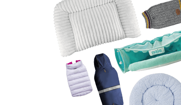 Assortment of cozy pet products such as beds, pillows, clothing, and blankets