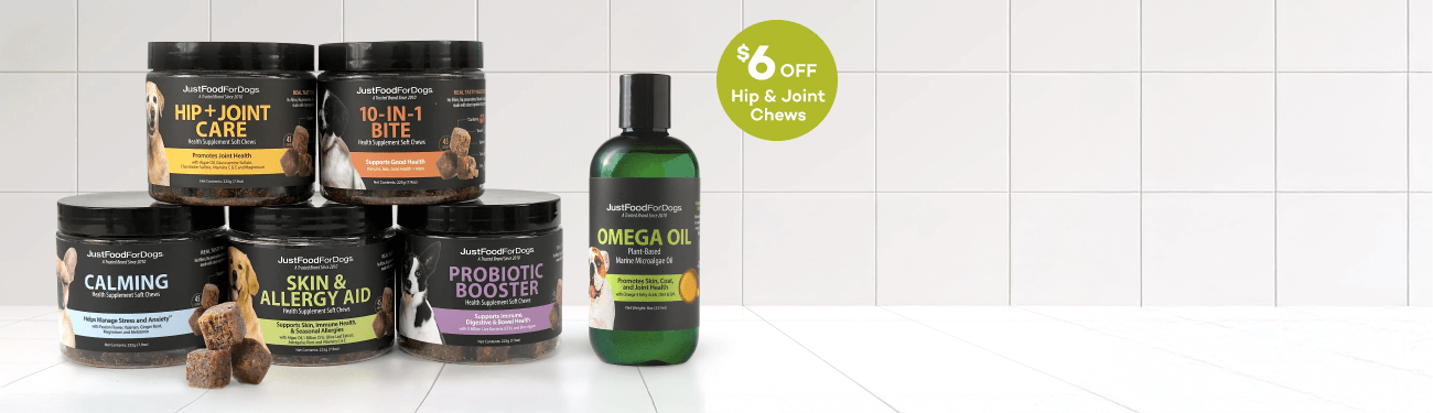 An assortment of JustFoodForDogs daily supplements.