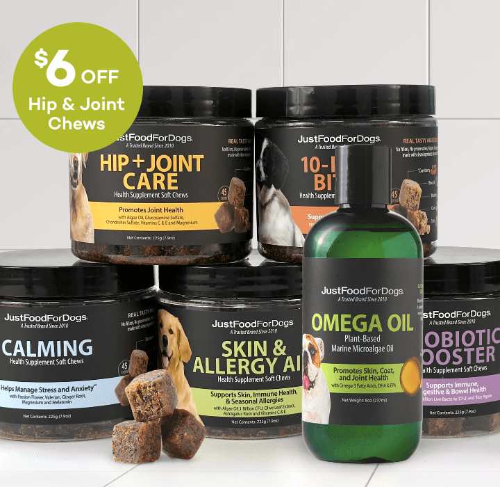 An assortment of JustFoodForDogs daily supplements.