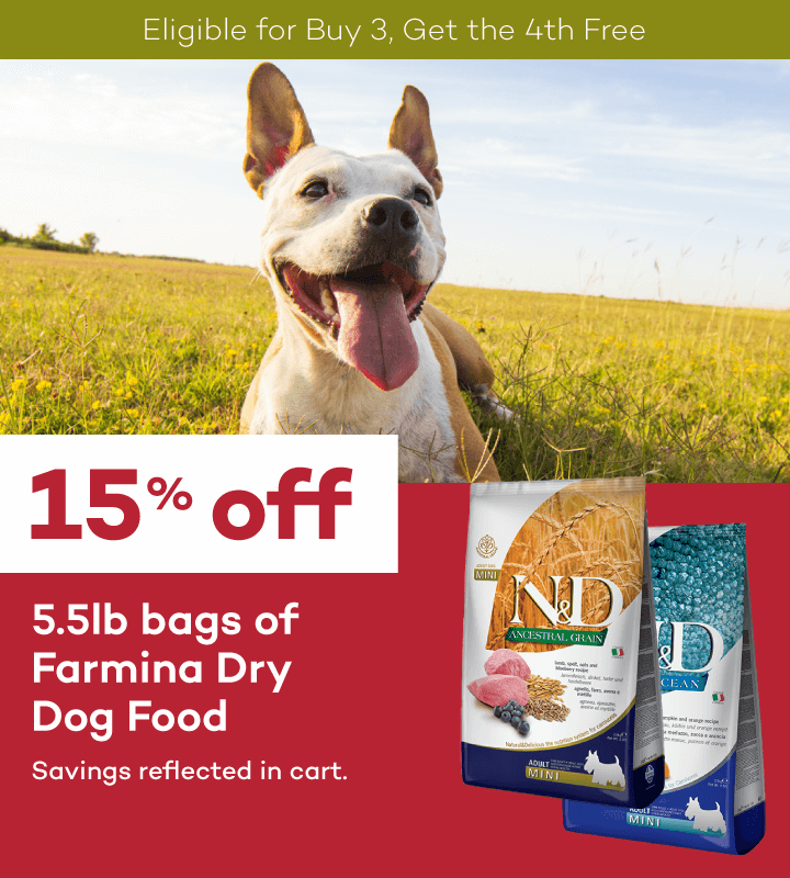 Eligible for Buy 3, Get the 4th Free | 15% off | 5.5lb bags of Farmina Dry Dog Food | Savings reflected in cart.