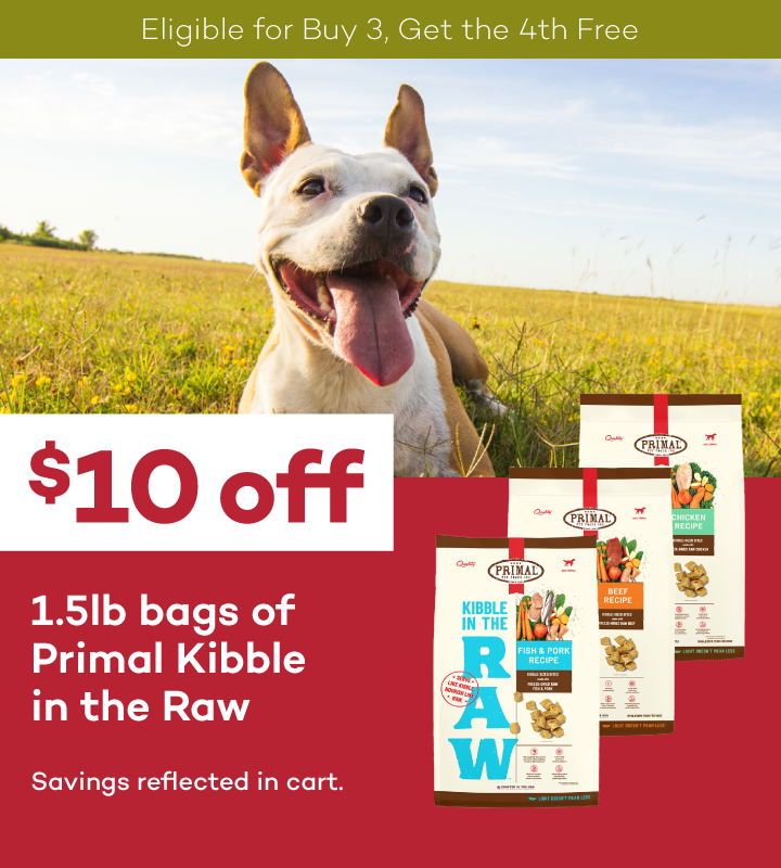 Eligible for Buy 3, Get the 4th Free | $10 off | 1.5lb bags of Primal Kibble in the Raw | Savings reflected in cart.