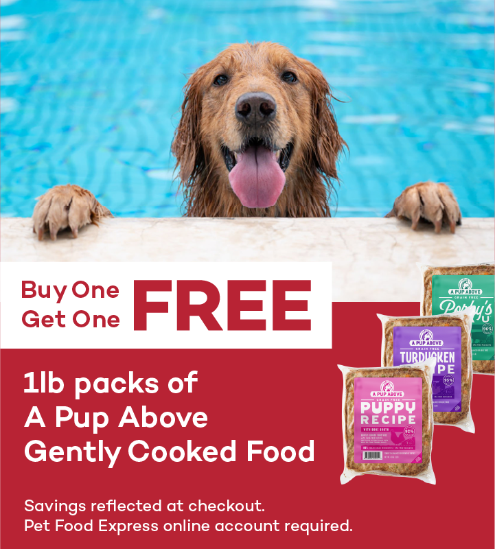 Buy One Get One FREE. 1lb packs of A Pup Above Gently Cooked Food. Savings reflected at checkout. Pet Food Express online account required.