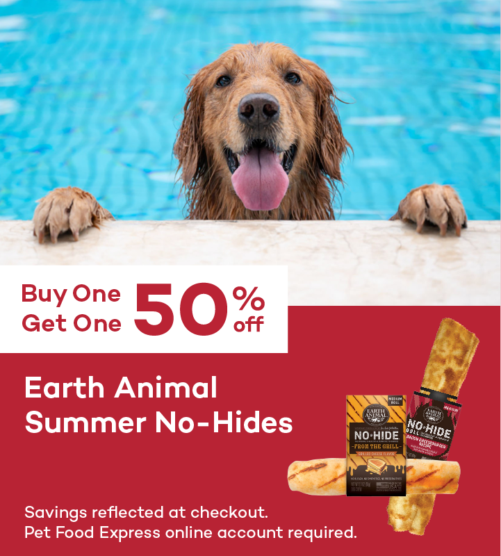 Buy One Get One 50% off. Earth Animal Summer No-Hides. Savings reflected at checkout. Pet Food Express online account required.