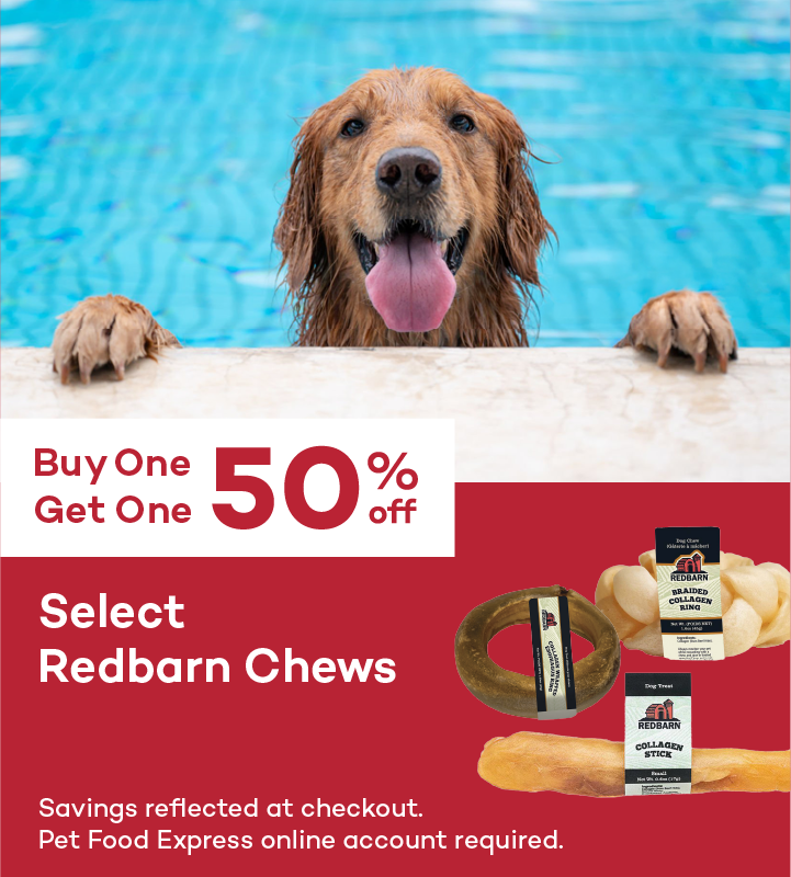 Buy One Get One 50% off. Select Redbarn Chews. Savings reflected at checkout. Pet Food Express online account required.