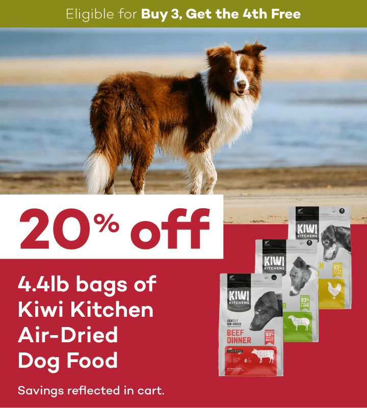 Eligible for Buy 3, Get the 4th Free. 20% off. 4.4lb bags of Kiwi Kitchen Air-Dried Dog Food. Savings reflected in cart.