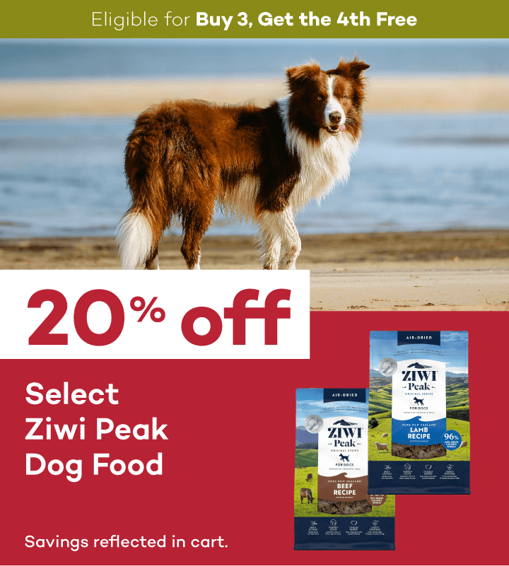 Eligible for Buy 3, Get the 4th Free. 20% off. Select Ziwi Peak Dog Food. Savings reflected in cart.