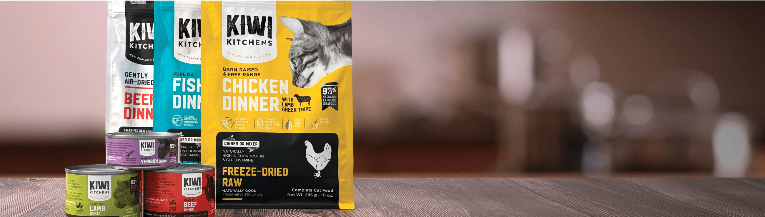 A variety of kiwi kitchens cat food products
